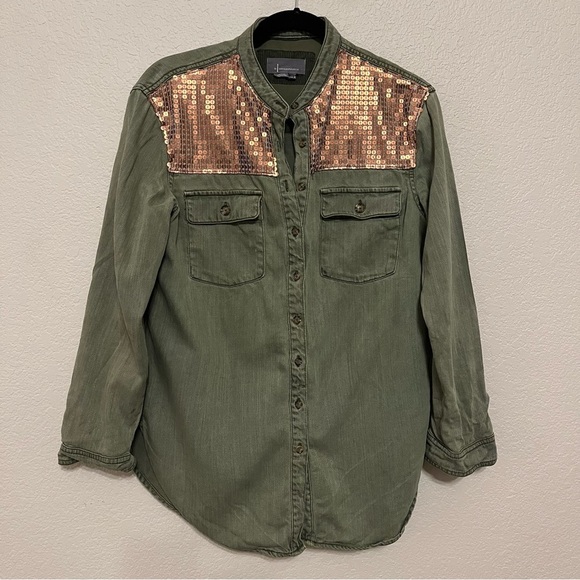 Anthropologie Tops - Anthropologie Olive Green and Bronze Sequin Button Down Shirt Size 8